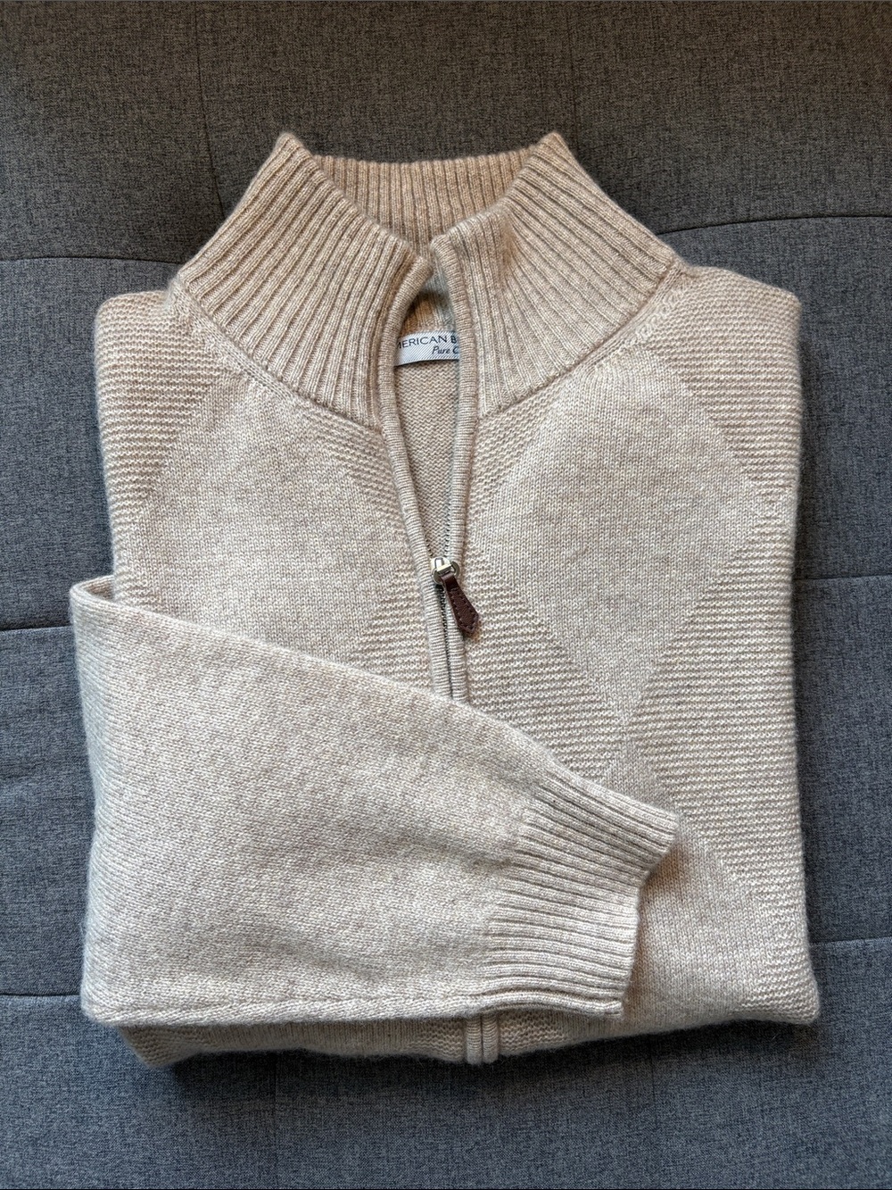 American Blue L 100% Cashmere Diamond Full Zip Cardigan Sweater Oatmeal Men